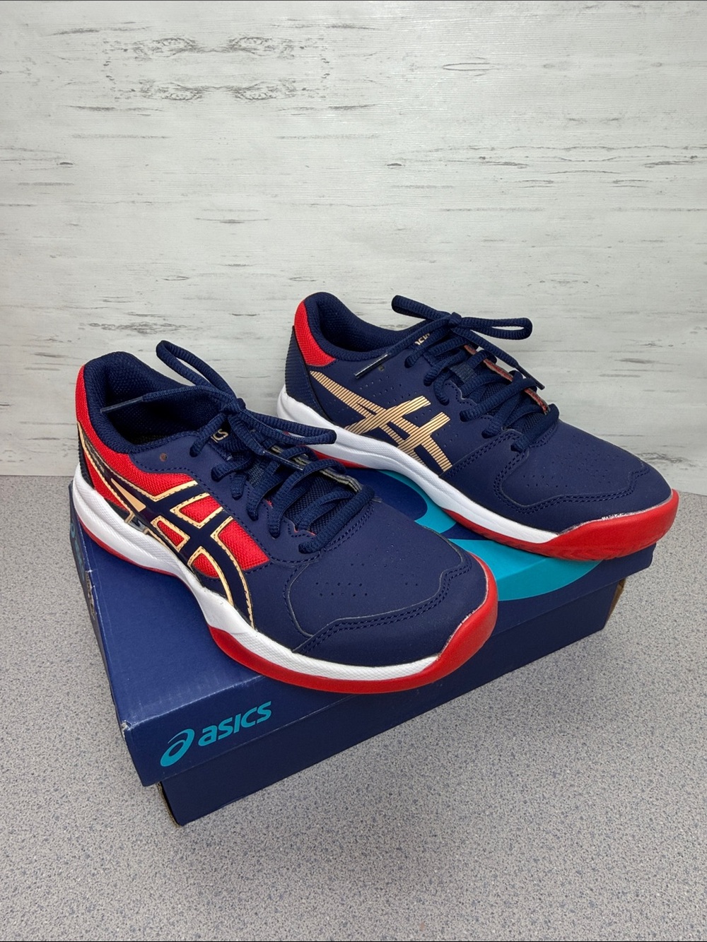 ASICS Navy Red Athletic Sneakers with Gold Accents